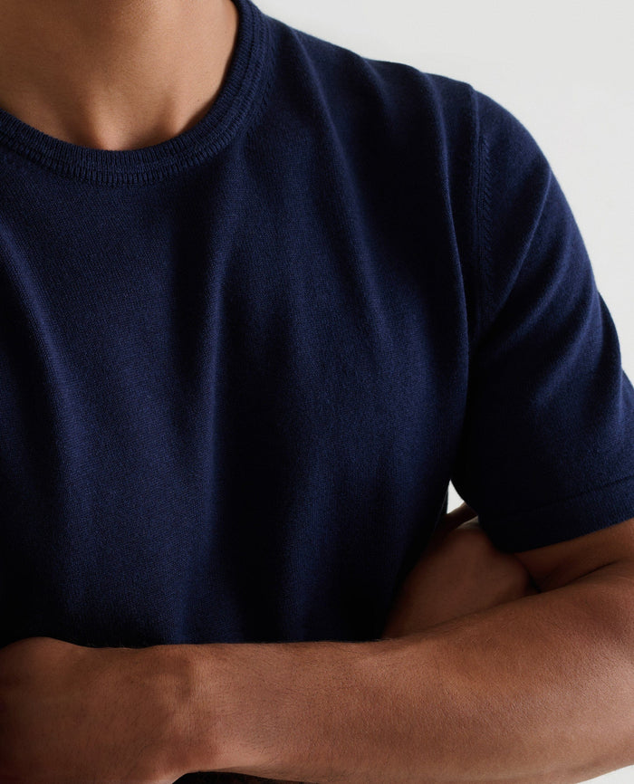 Navy - Men's Silk-Cotton Fine Knit T-shirt