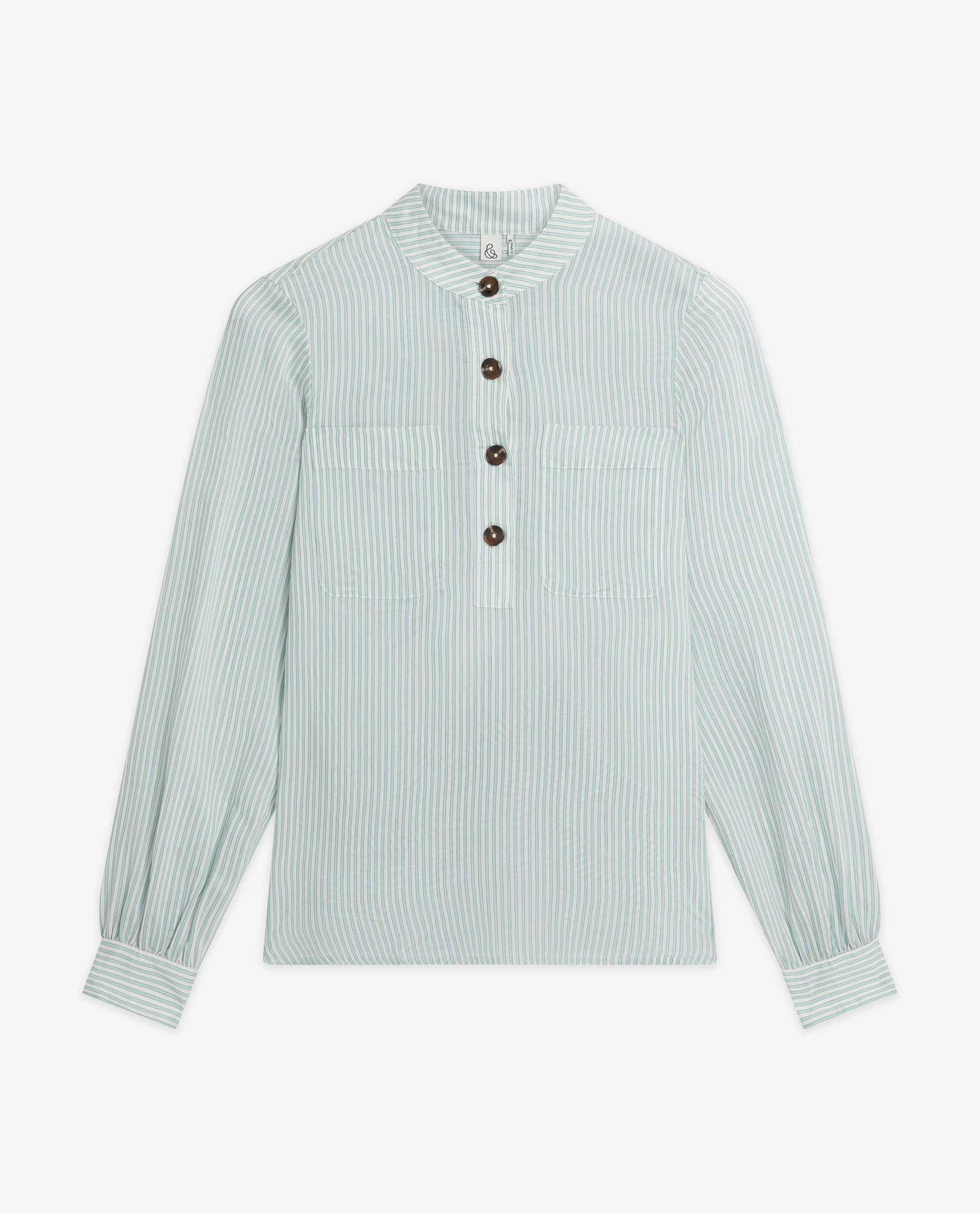 Women's Silk Stripe Grandad Collar Blouse - Blue Stripe