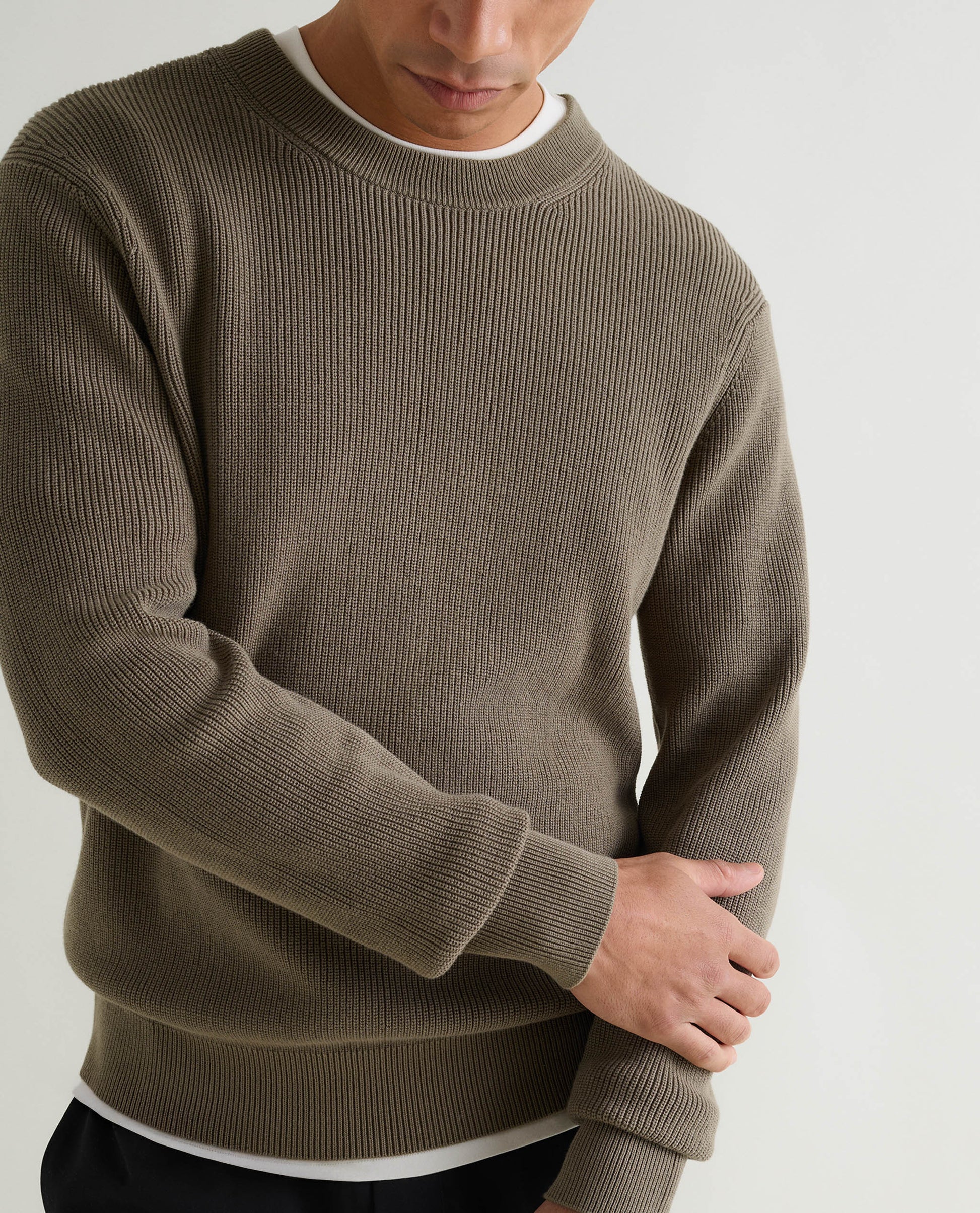 Men's Waffle Fisherman Crew Neck Jumper - Herb