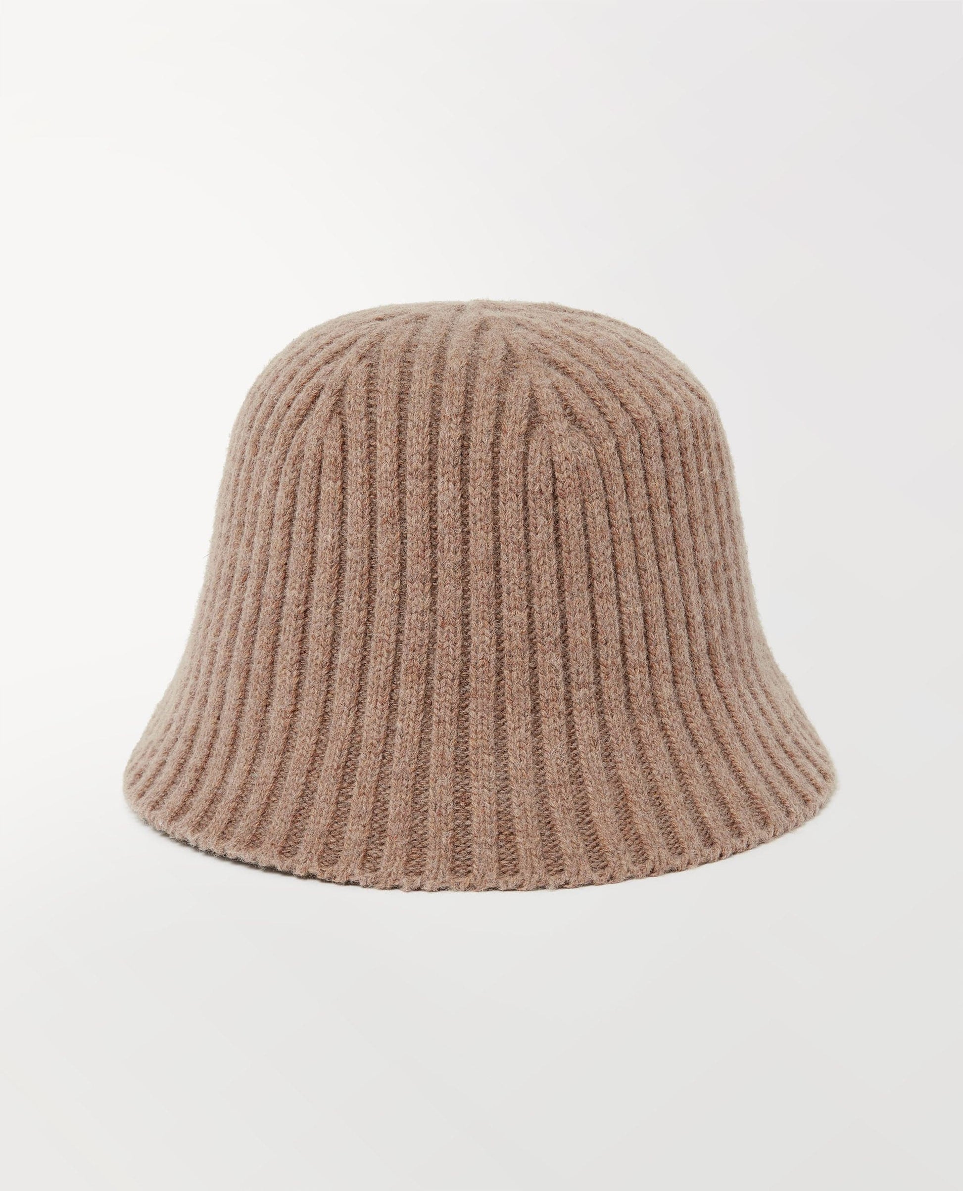 Close up of Rise & Fall's beige merino wool ribbed knit bucket hat.