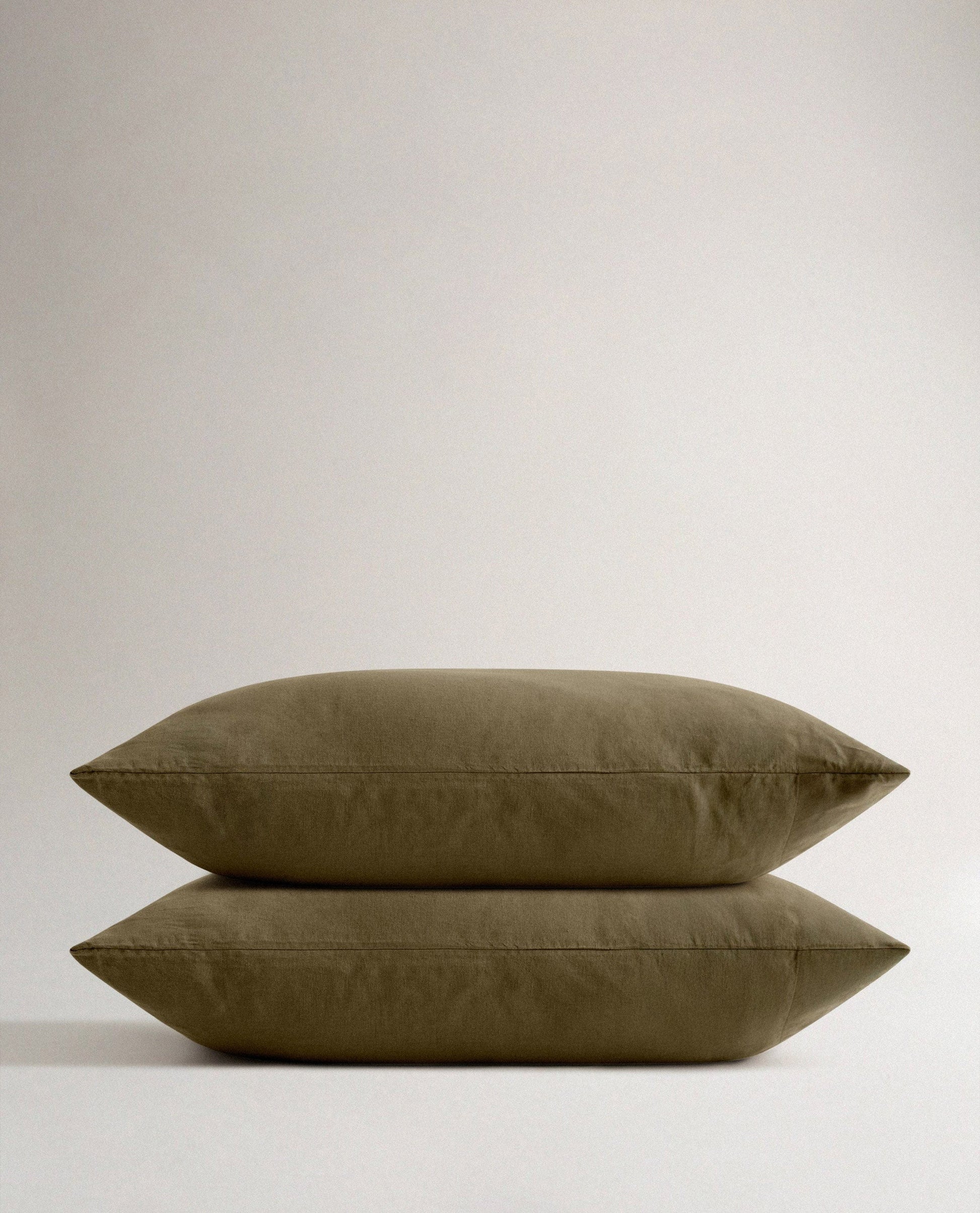 Image 1 of 2 showing Rise & Fall's Relaxed & Refined European Flax™ Linen Pillowcase Set, colour: olive.