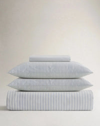 image 1 of 2 showing Rise & Fall's Crisp & Cool duvet set, colour: blue ticking stripe, fabric: percale cotton