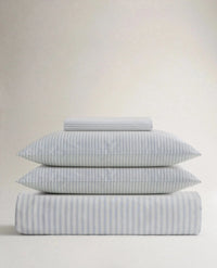 image 1 of 2 showing Rise & Fall's Crisp & Cool duvet set, colour: blue ticking stripe, fabric: percale cotton