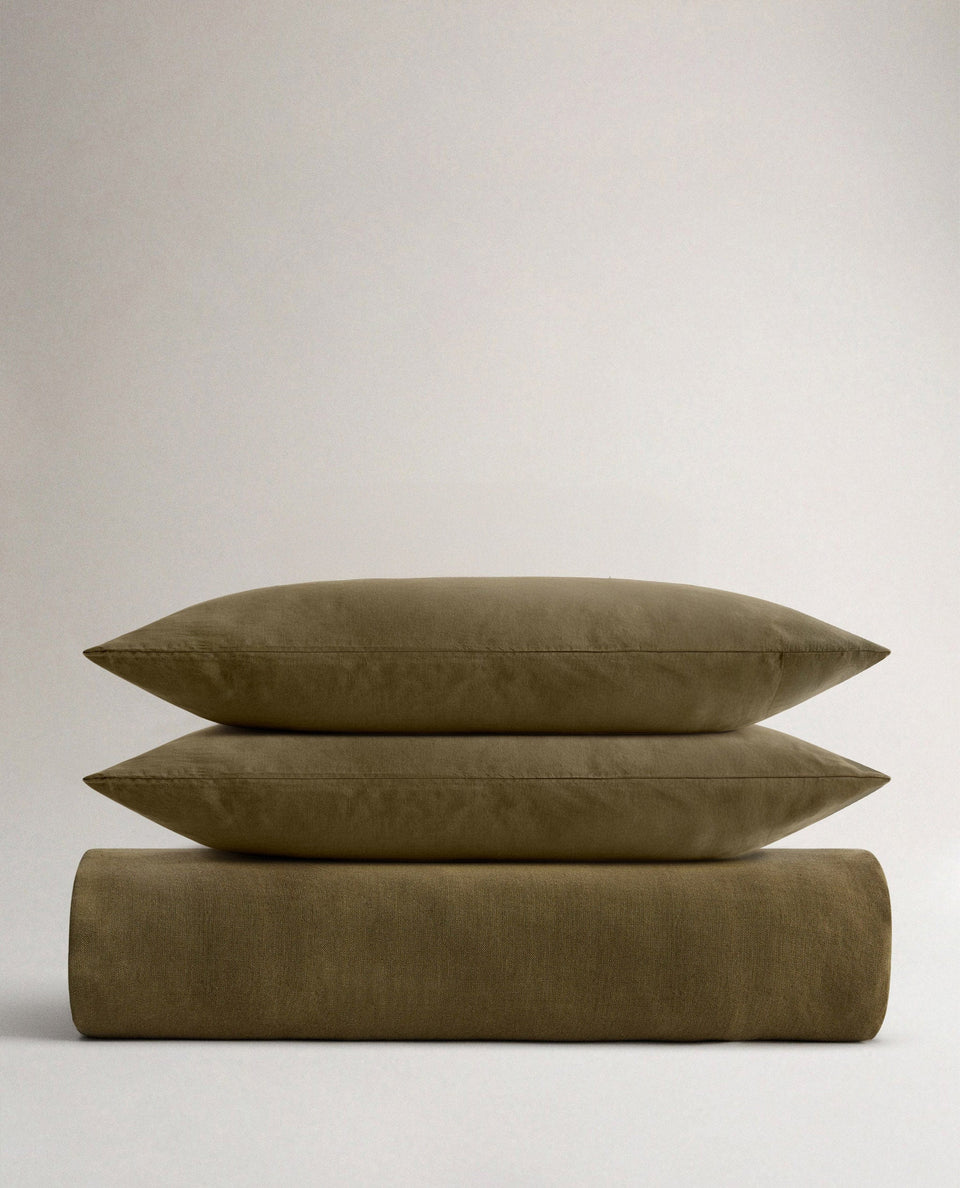 image 1 of 5 showing Rise & Fall's Relaxed & Refined linen duvet set, fabric: European flax, colour: olive