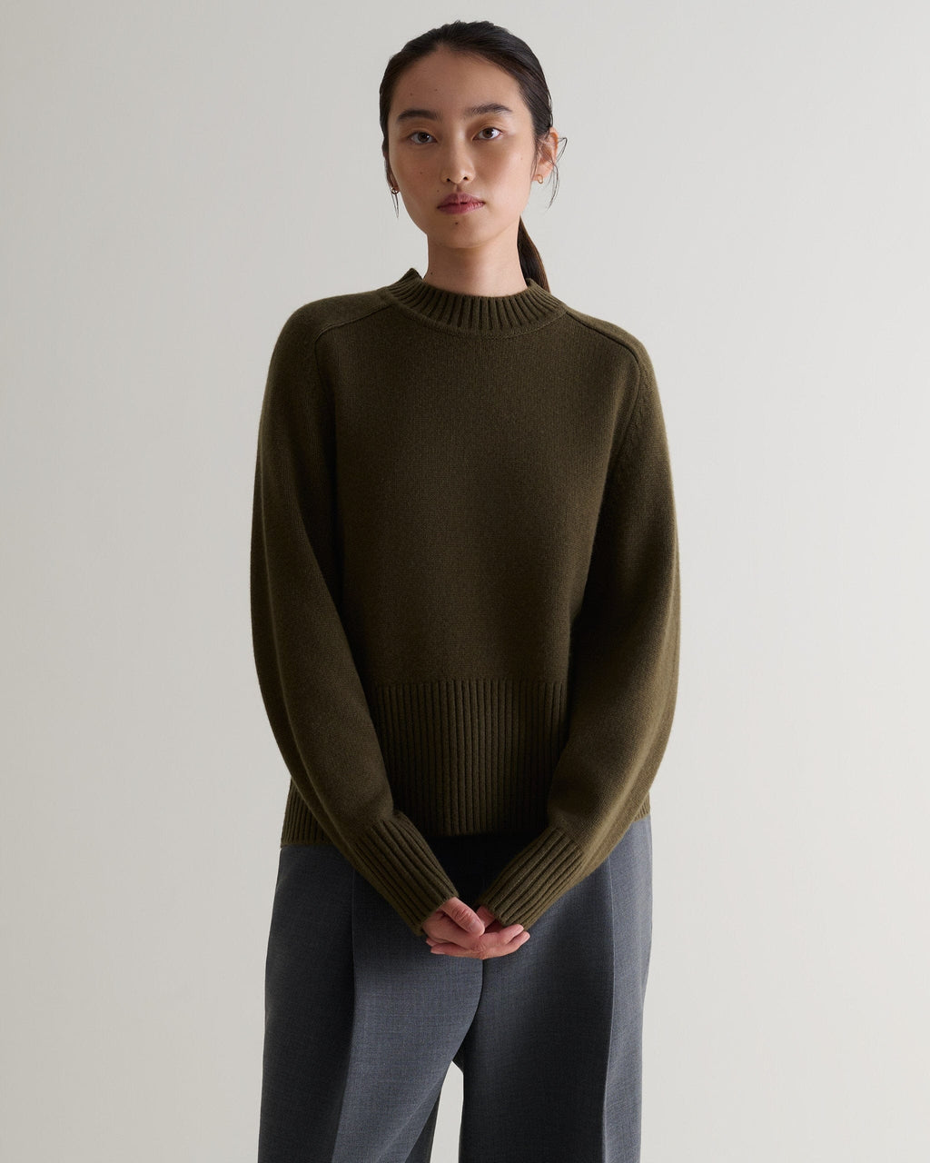 Rise & Fall: Cashmere Merino Saddle Sleeve Crew Neck Jumper - Military Green