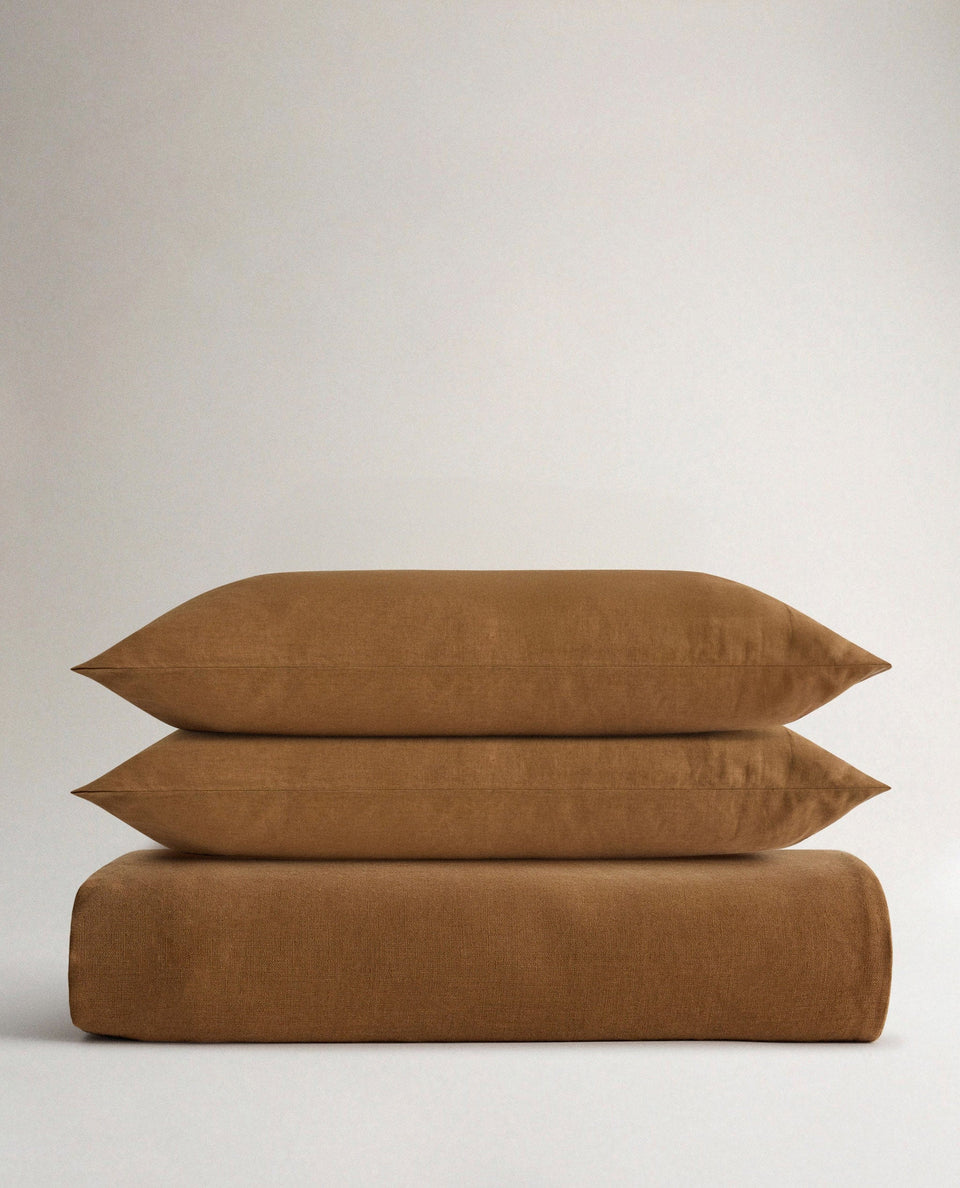 image 1 of 6 showing Rise & Fall's Relaxed & Refined linen duvet set, fabric: European flax, colour: ochre