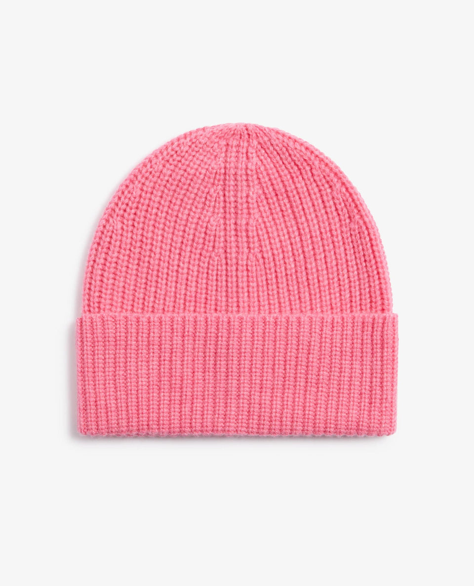 Image 2 of 2 showing Rise & Fall's women's Cashmere Merino Ribbed Knit Beanie in pink.