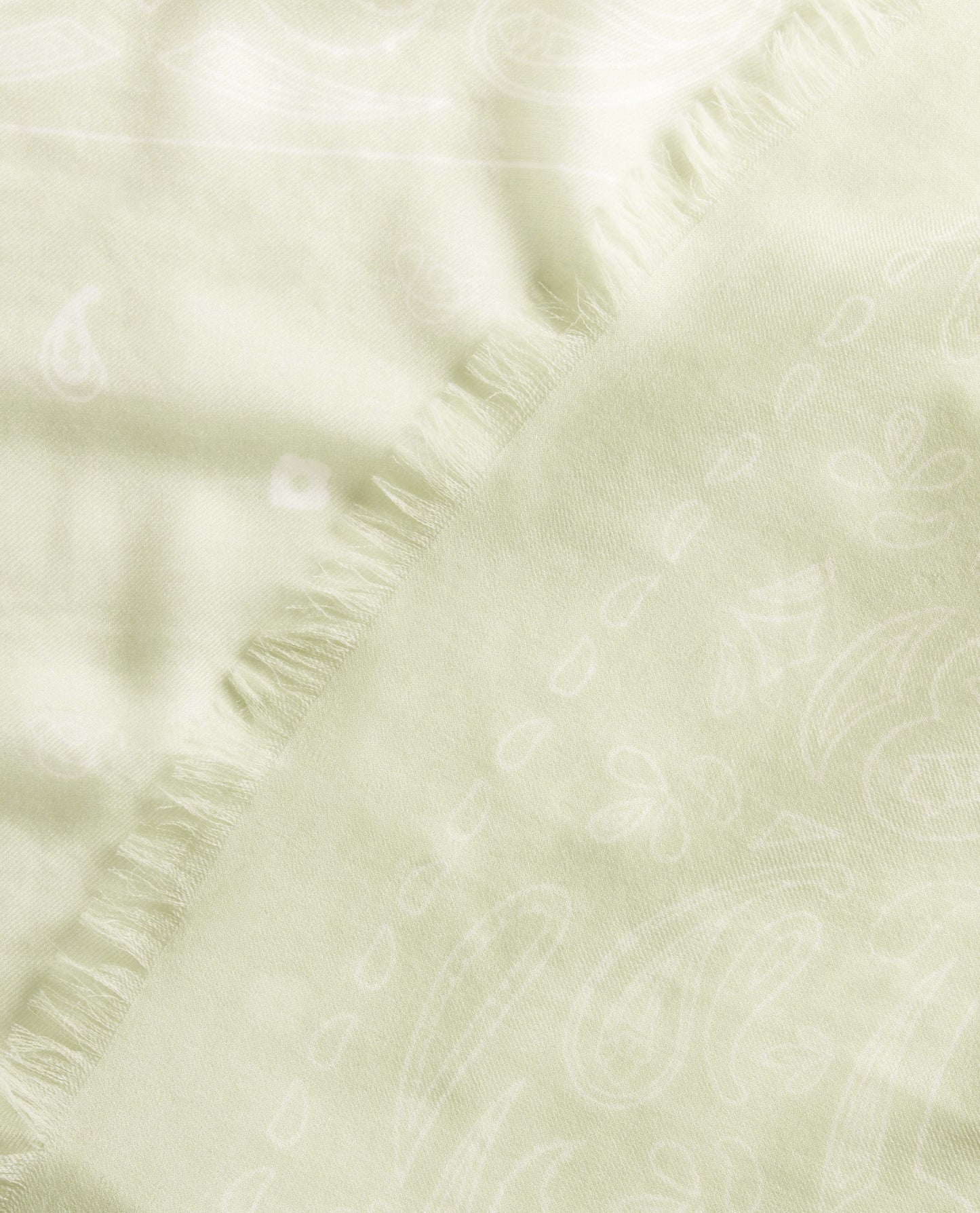 Image 2 of 3 showing close up of Rise & Fall's women's Lightweight Cashmere Scarf With Ampersand Print in lichen green. 