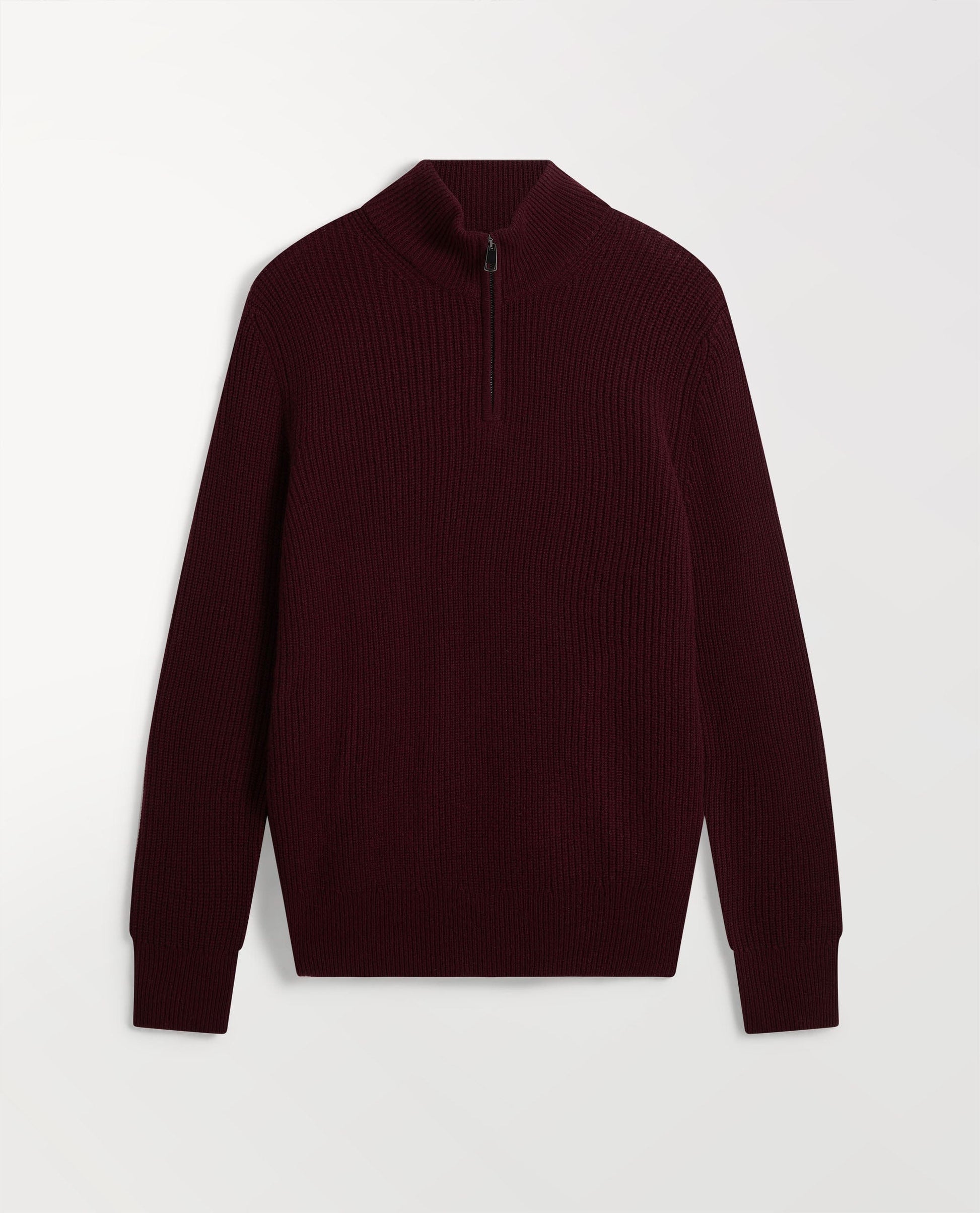 Image 2 of 4 showing Rise & Fall's Men's Cashmere Merino Fishermans Rib 1/4 Zip Jumper in oxblood.