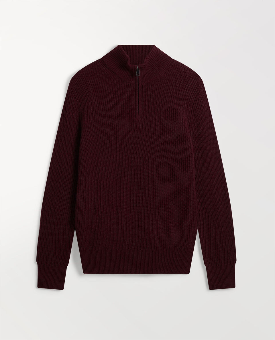 Image 2 of 4 showing Rise & Fall's Men's Cashmere Merino Fishermans Rib 1/4 Zip Jumper in oxblood.