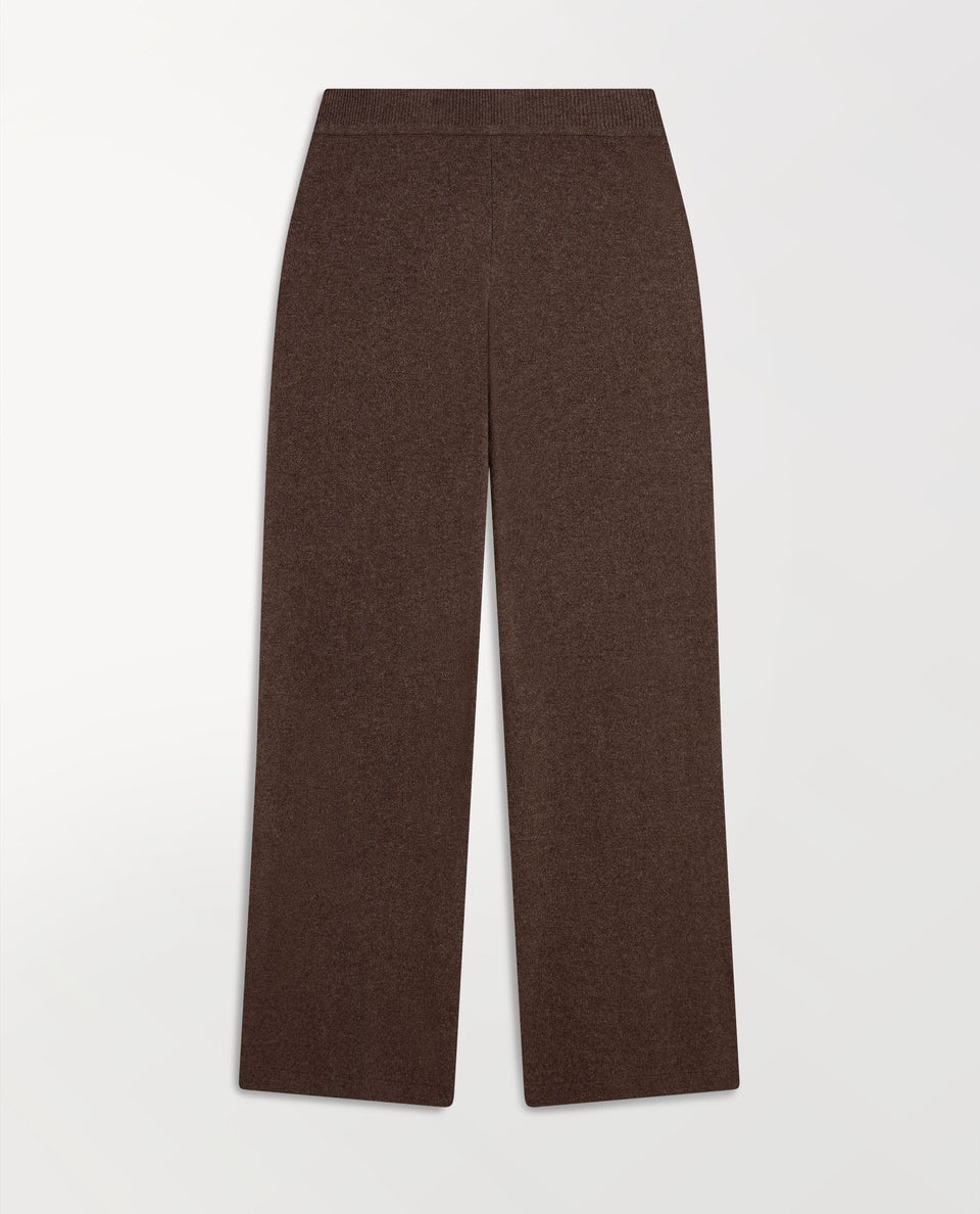 Image 2 of 4 showing Rise & Fall's chocolate brown fine cashmere wide-leg trousers.