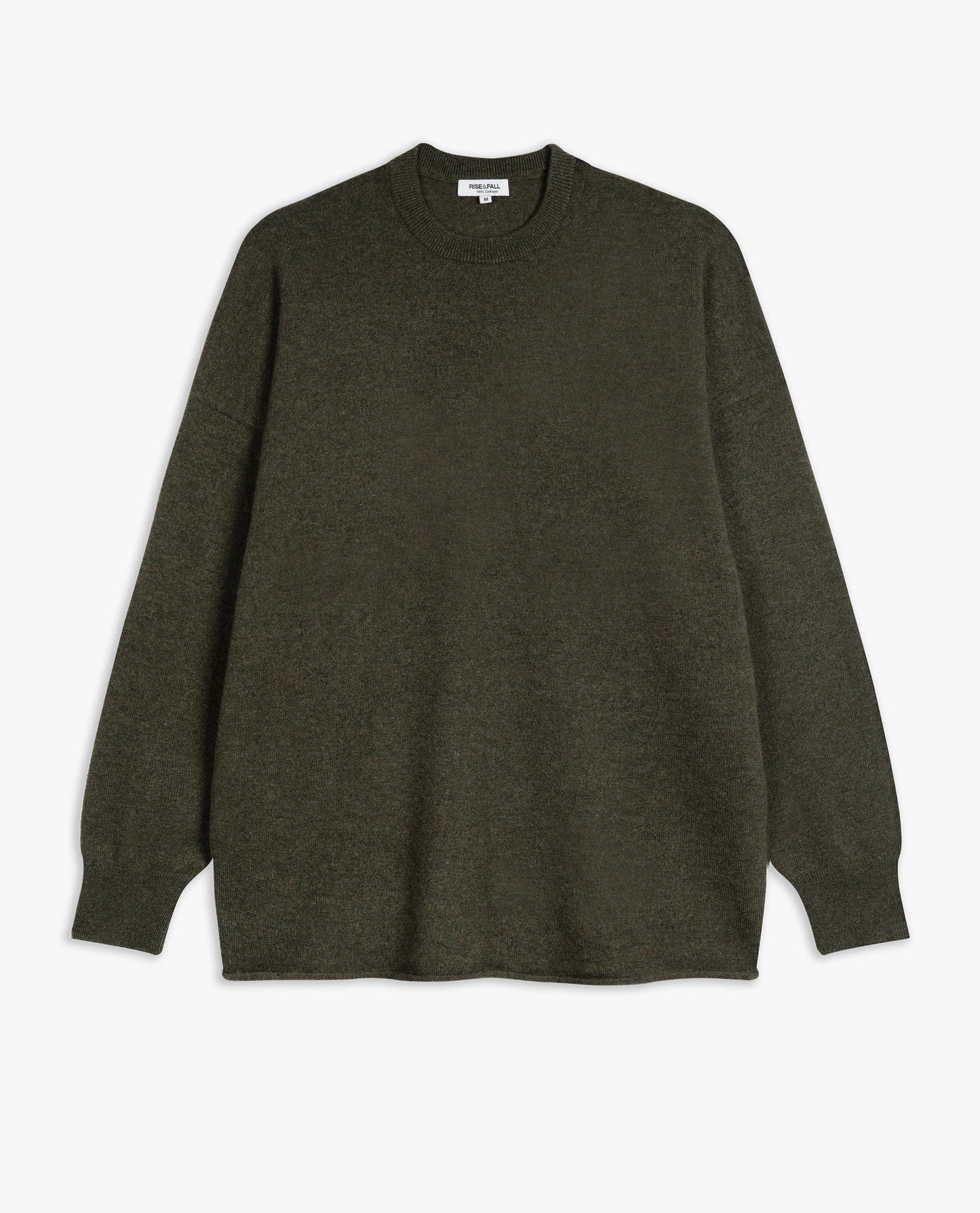 Image 2 of 5 showing Rise & Fall's finest cashmere mid-weight crew neck jumper in forest green.