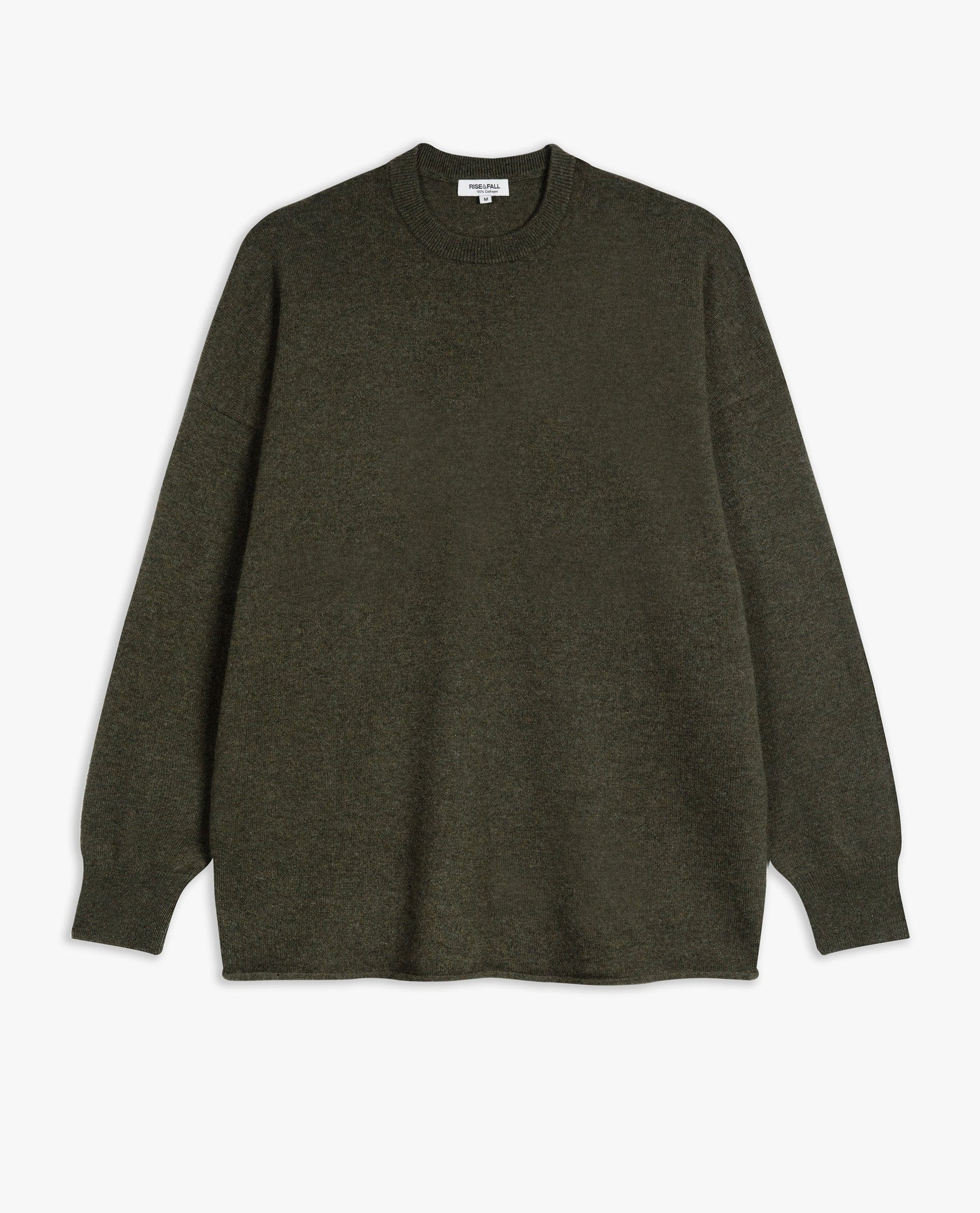 Image 2 of 5 showing Rise & Fall's finest cashmere mid-weight crew neck jumper in forest green.