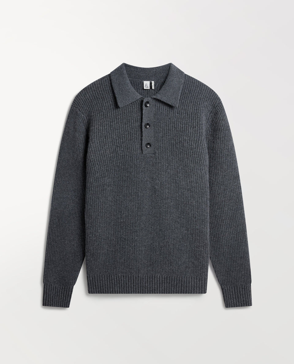 Image 2 of 5 showing Rise & Fall's graphite cashmere merino fisherman ribbed polo jumper