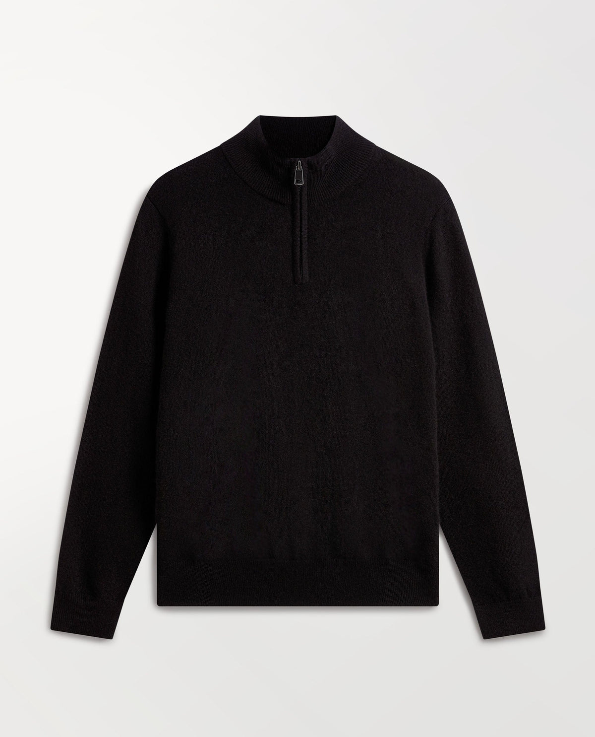 Image 2 of 5 wearing Rise & Fall's fine cashmere 1/4 zip jumper, black.