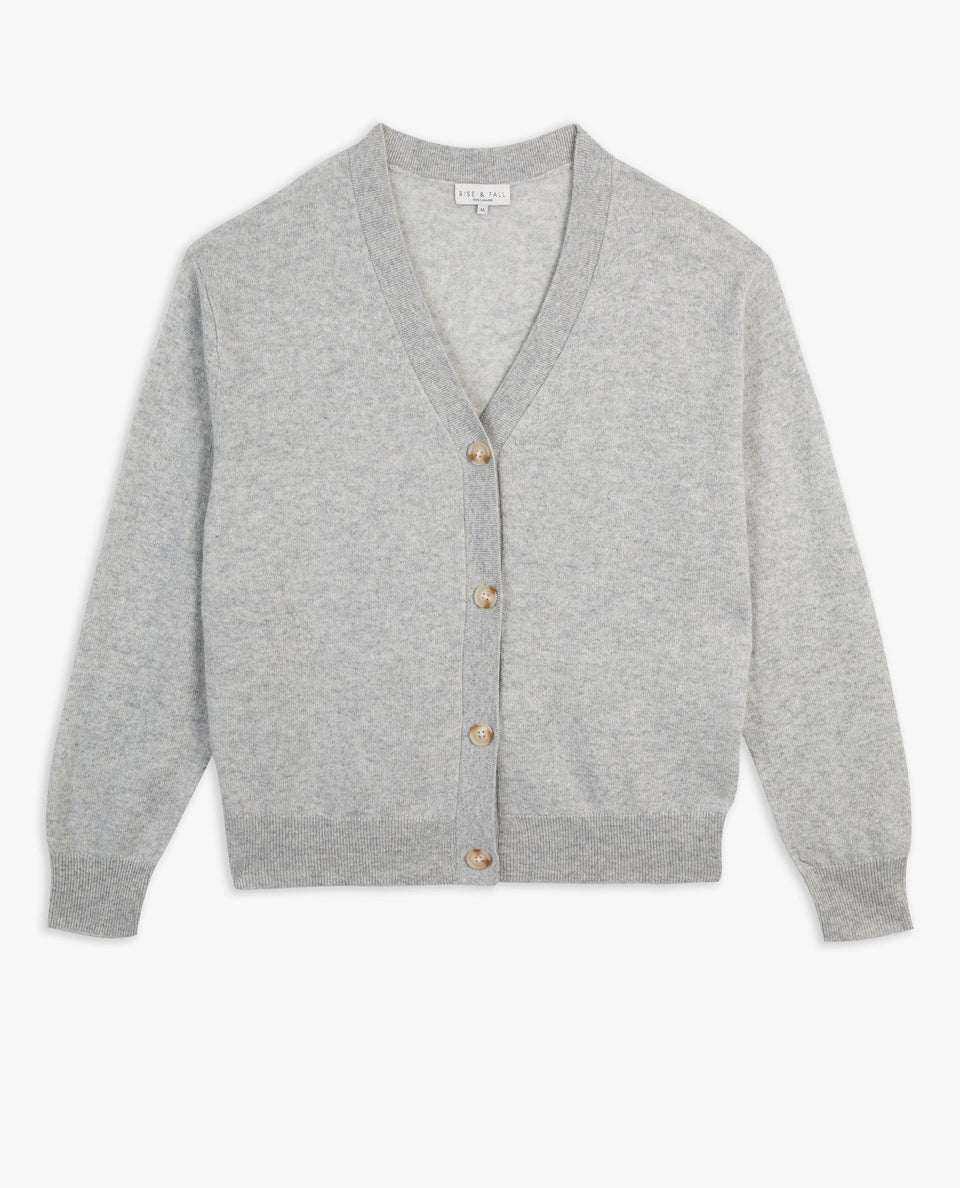 Image 2 of 5 showing Rise & Fall's grey fine cashmere v-neck cardigan.