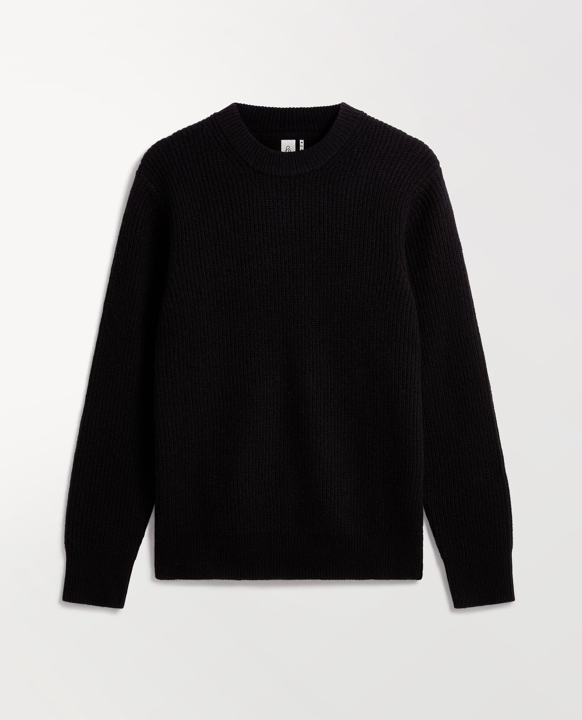 Image 2 of 5 showing Rise & Fall's Men's Cashmere Merino Fishermans Rib Crew Neck Jumper in black.