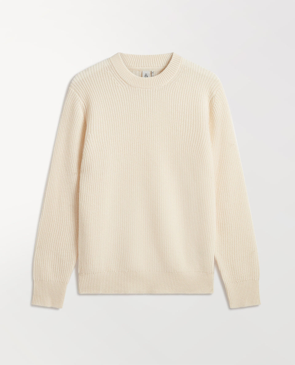 Image 2 of 5 showing Rise & Fall's Men's Cashmere Merino Fishermans Rib Crew Neck Jumper in cream.