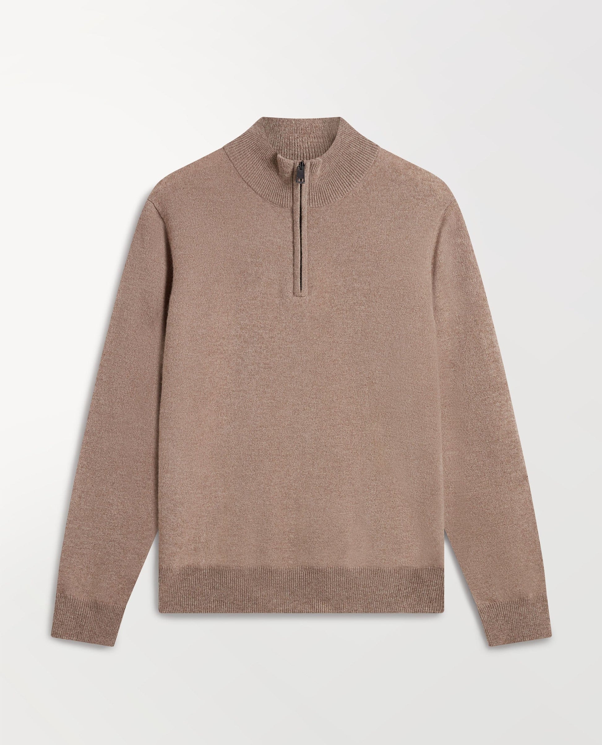 Image 2 of 5 showing Rise & Fall's men's fine cashmere 1/4 zip jumper, toast.