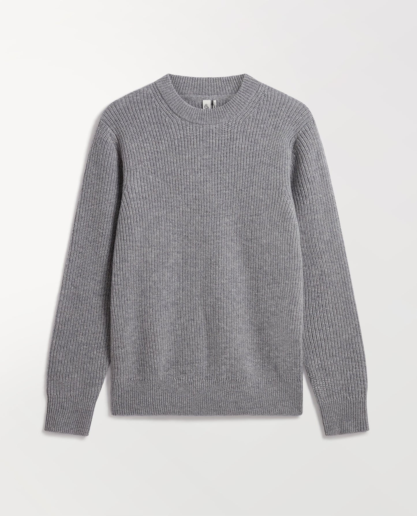 Image 2 of 5 showing Rise & Fall's Men's Cashmere Merino Fishermans Rib Crew Neck Jumper in grey.