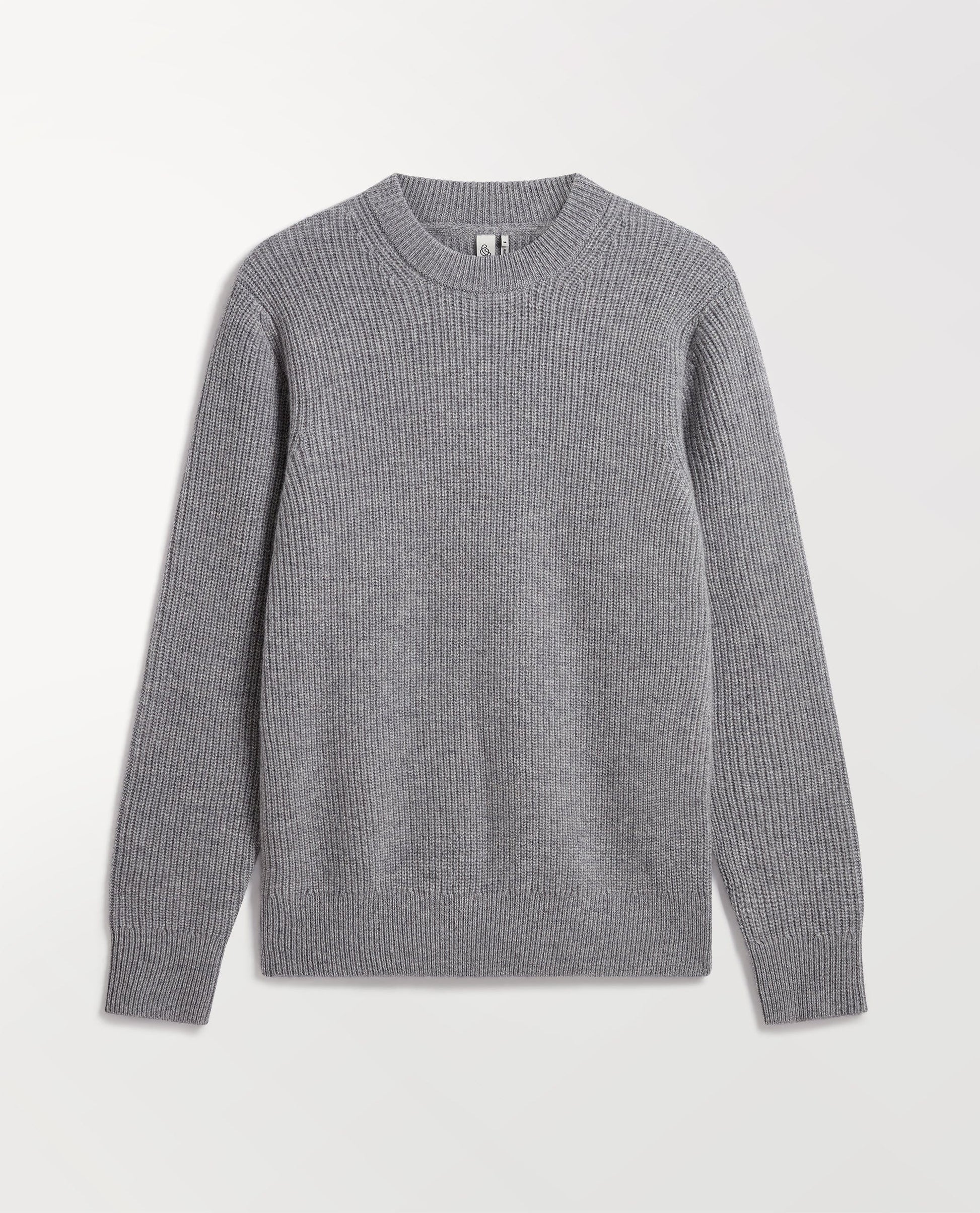 Image 2 of 5 showing Rise & Fall's Men's Cashmere Merino Fishermans Rib Crew Neck Jumper in grey.