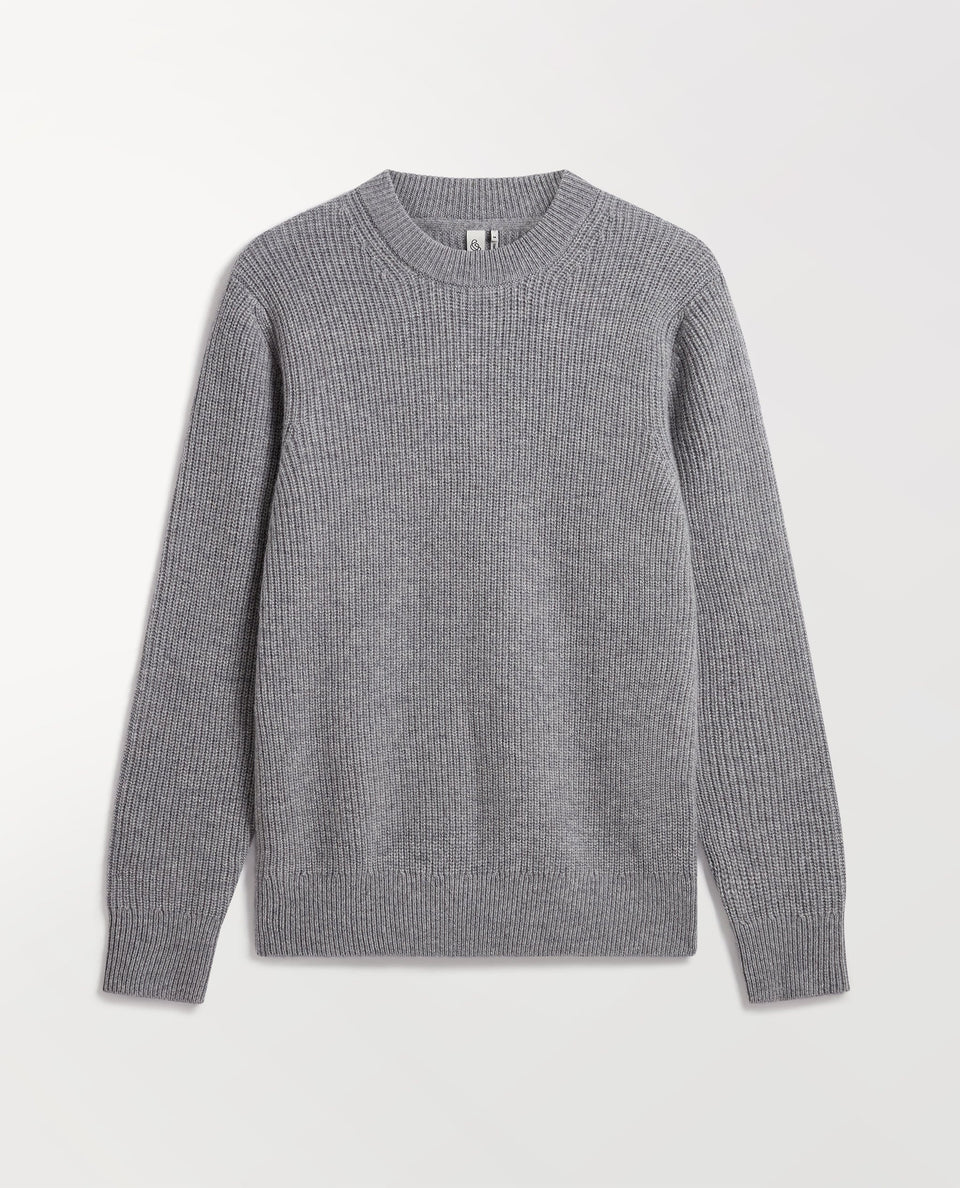 Image 2 of 5 showing Rise & Fall's Men's Cashmere Merino Fishermans Rib Crew Neck Jumper in grey.