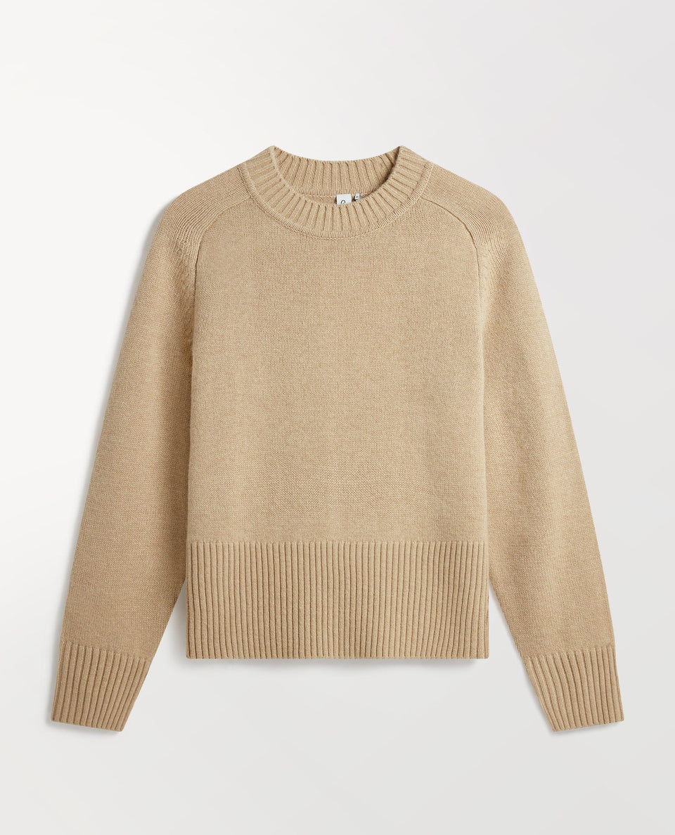 Image 2 of 5 showing Rise & Fall twine coloured cashmere merino saddle sleeve crew neck jumper.