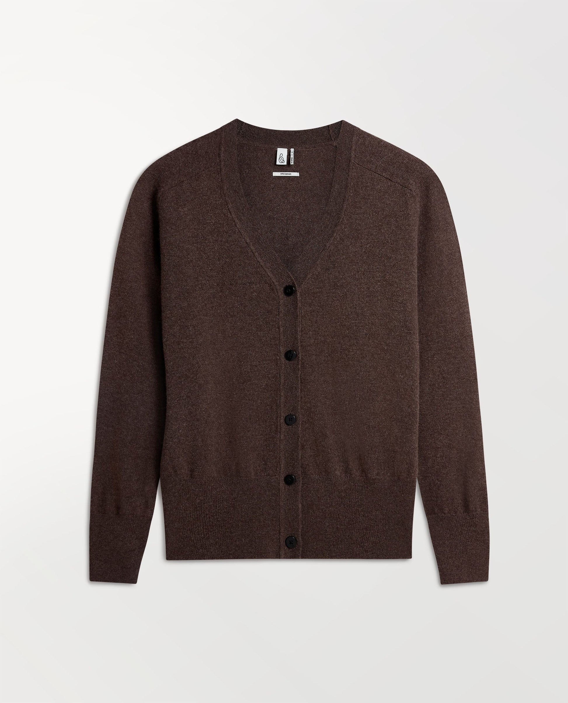 Image 2 of 5 showing Rise & Fall's chocolate fine cashmere v-neck cardigan.