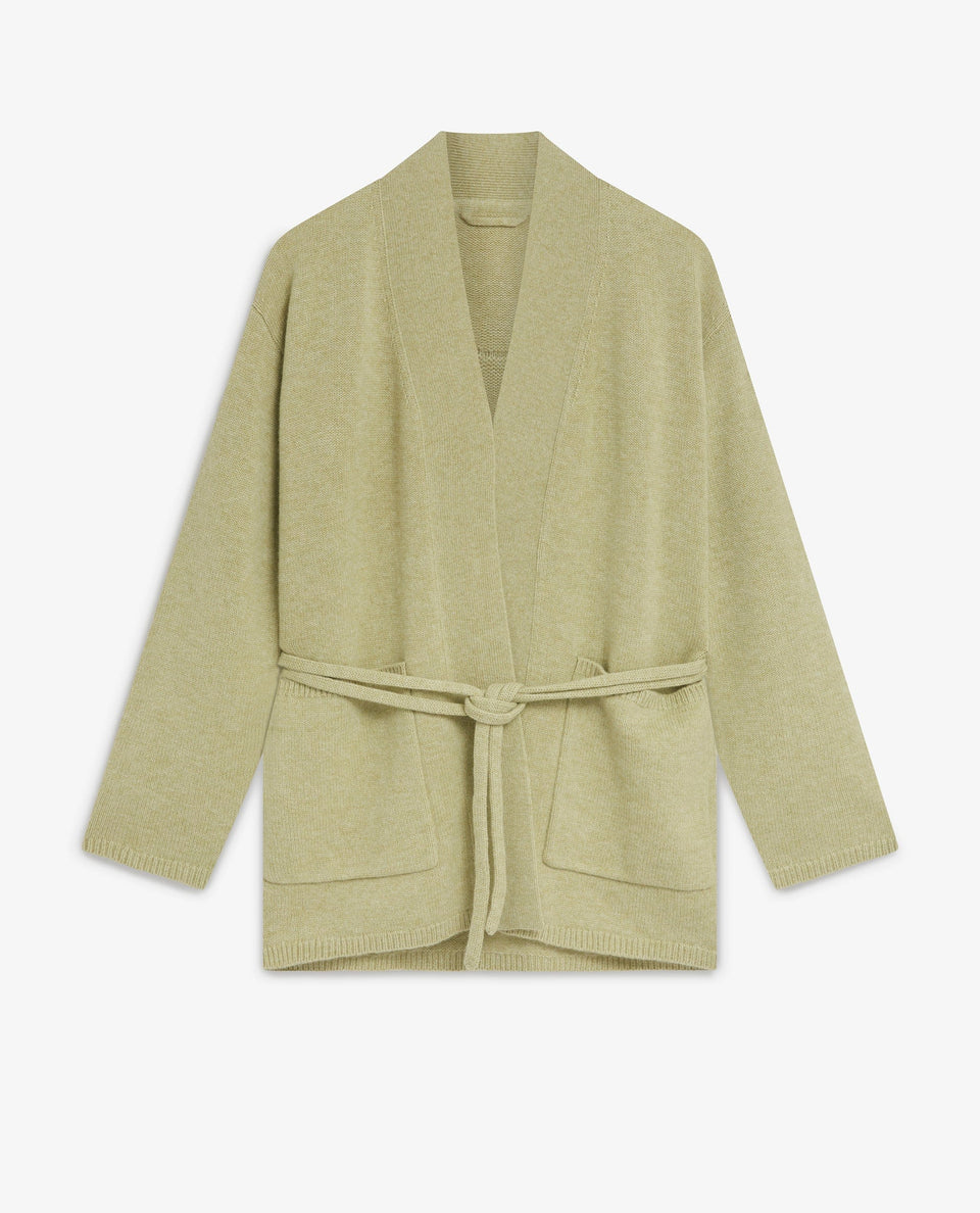 Image 2 of 5 showing Rise & Fall's lichen green cashmere merino belted cardigan.