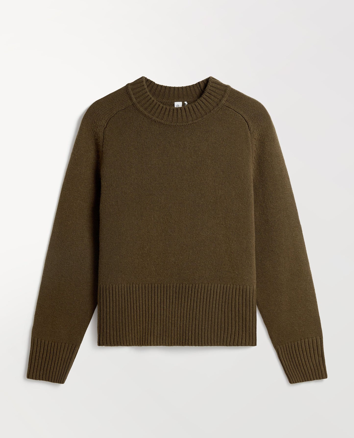 Image 2 of 5 showing Rise & Fall's military green cashmere merino saddle sleeve crew neck jumper.