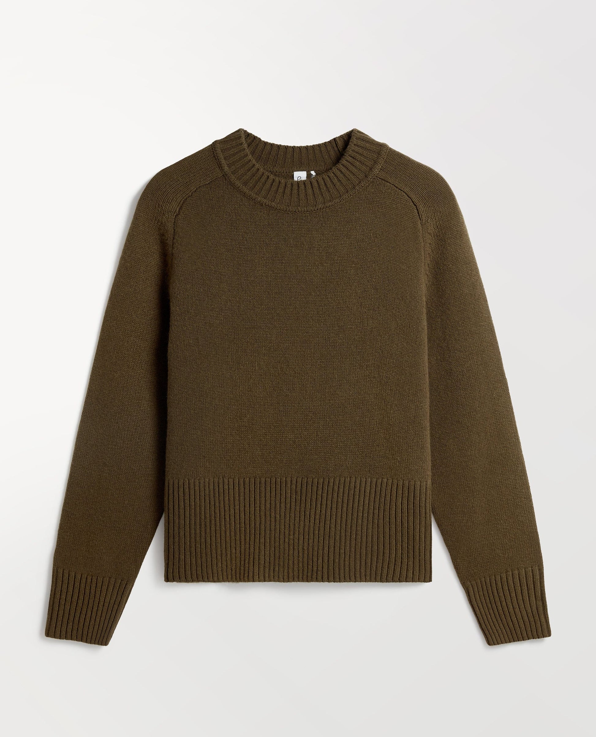 Image 2 of 5 showing Rise & Fall's military green cashmere merino saddle sleeve crew neck jumper.