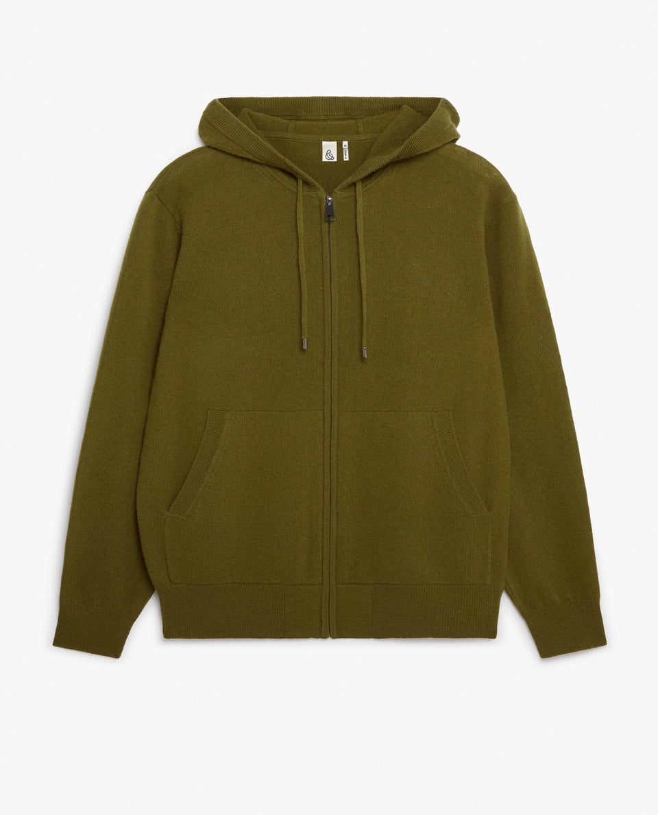 Image 2 of 5 showing Rise & Fall's Finest Cashmere Full Zip Hoodie in olive green.