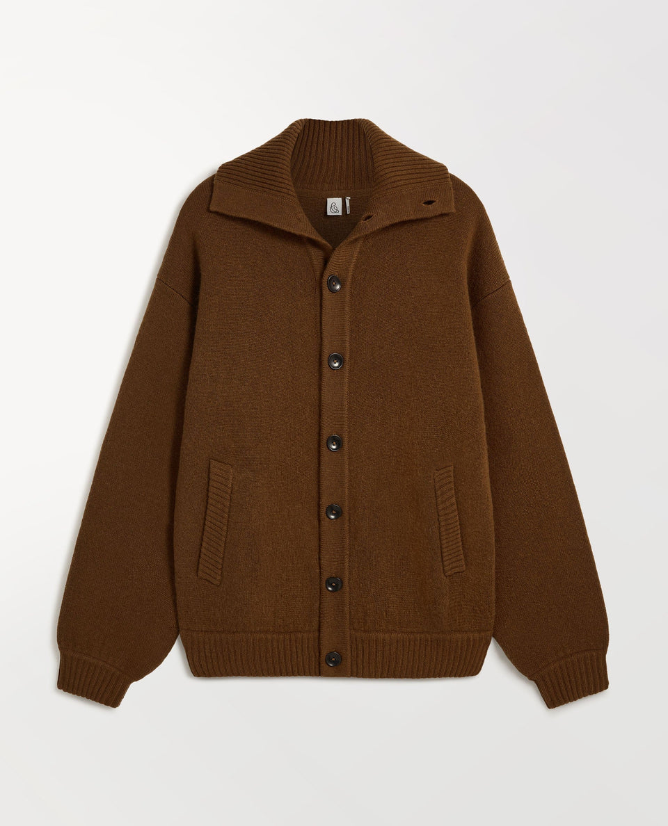 Image 2 of 6 of Rise & Fall's burl brown cashmere merino buttoned jacket with ribbed collar and cuffs.