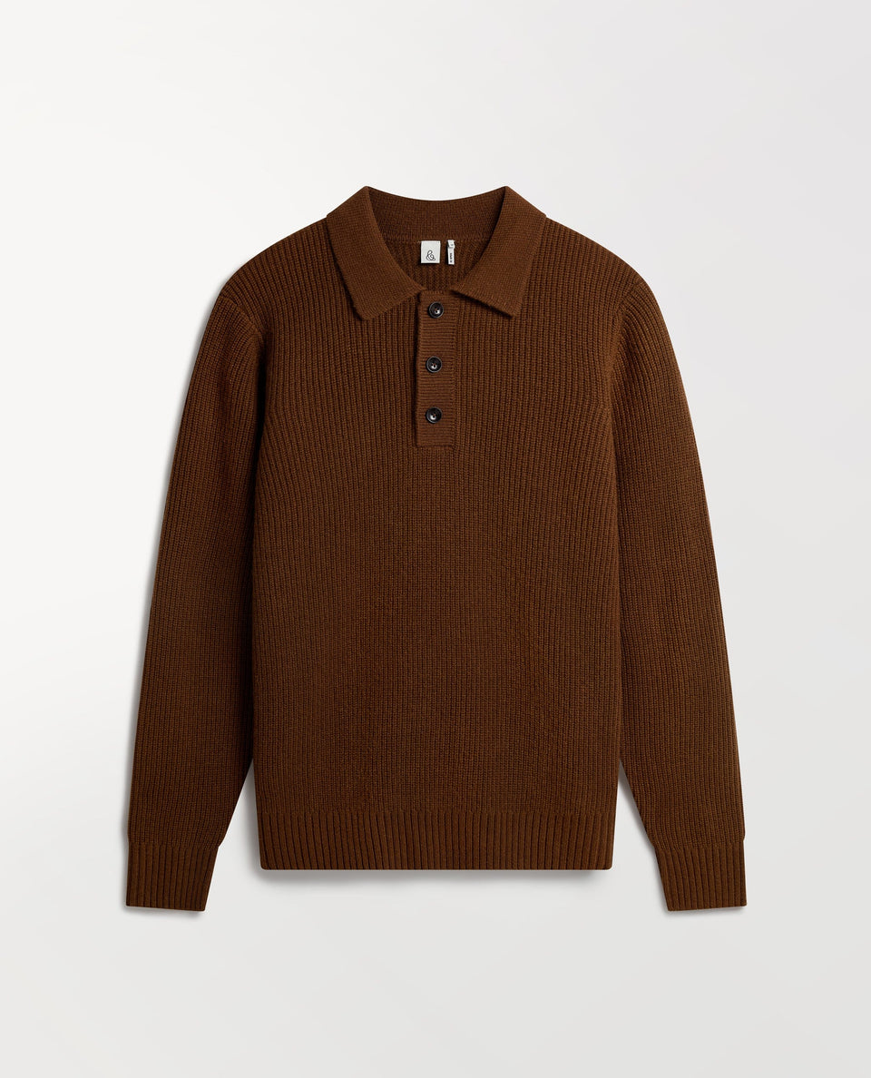 Image 2 of 6 showing Rise & Fall's burl brown cashmere merino ribbed fisherman polo.
