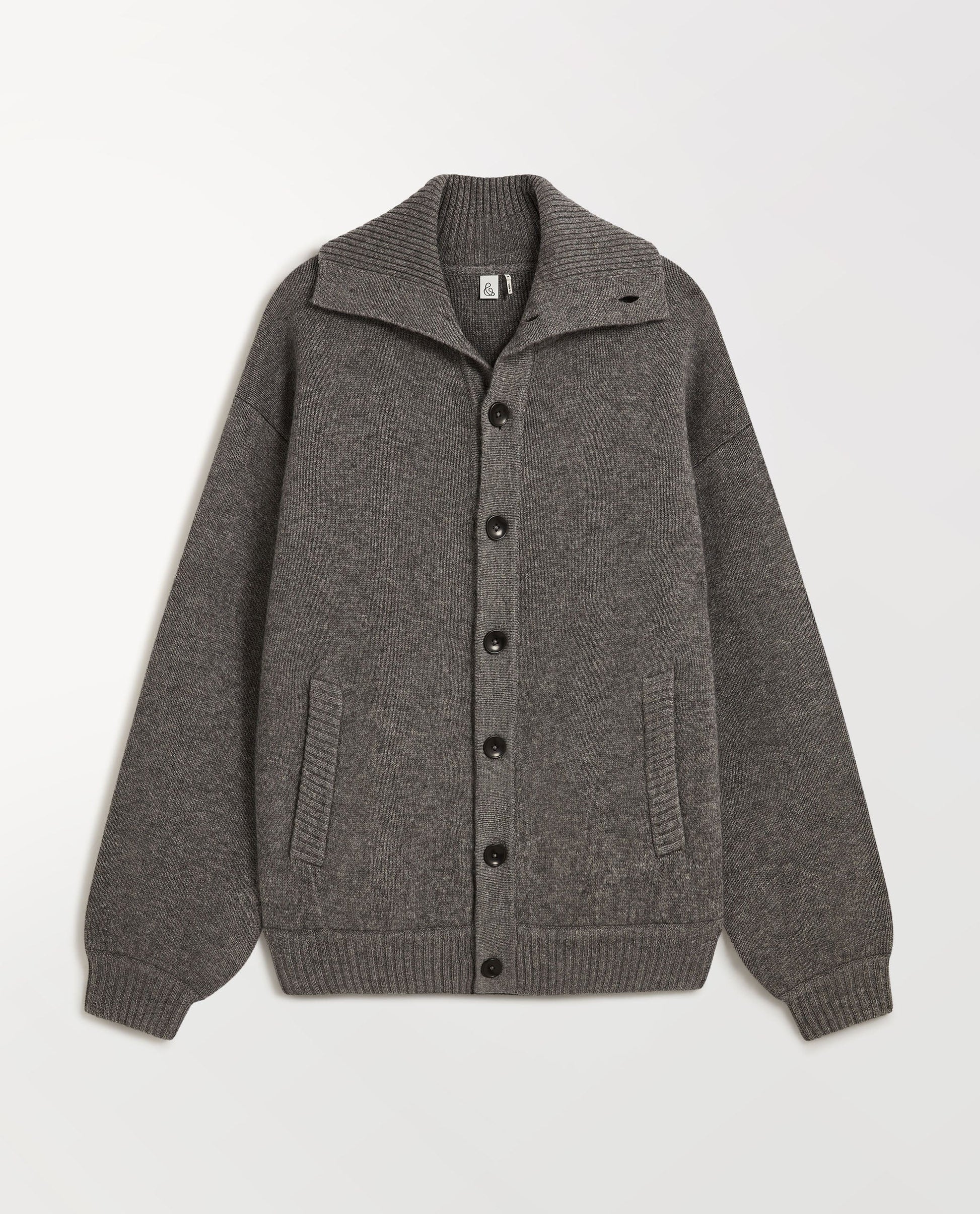 Image 2 of 6 showing Rise & Fall charcoal grey cashmere merino buttoned bomber jacket with ribbed collar and cuffs.