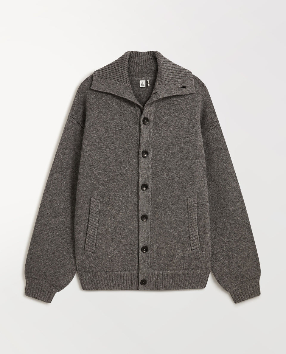 Image 2 of 6 showing Rise & Fall charcoal grey cashmere merino buttoned bomber jacket with ribbed collar and cuffs.