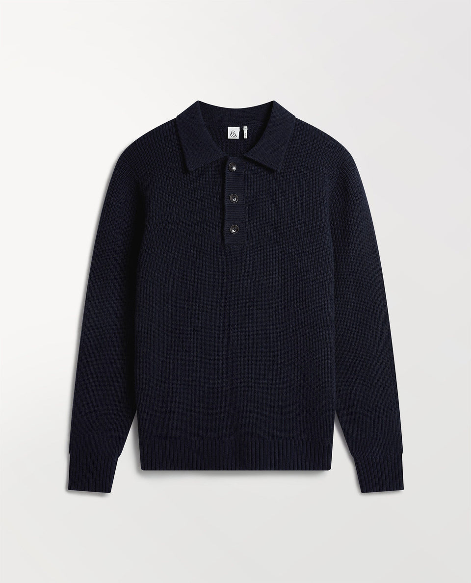 Image 2 of 6 showing Rise & Fall's indigo blue cashmere merino ribbed fisherman polo.