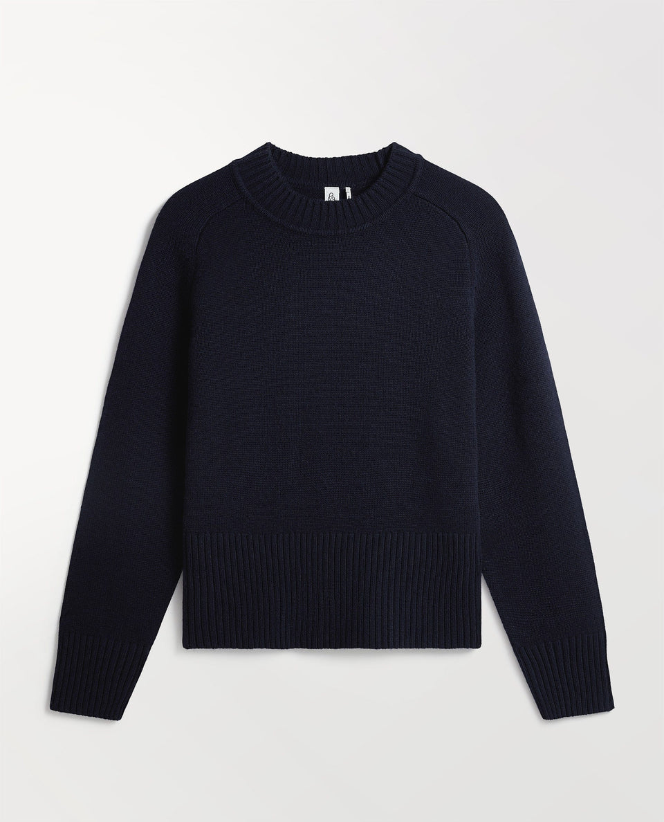 Image 2 of 6 showing Rise & Fall cashmere merino saddle sleeve crew neck jumper, colour: indigo
