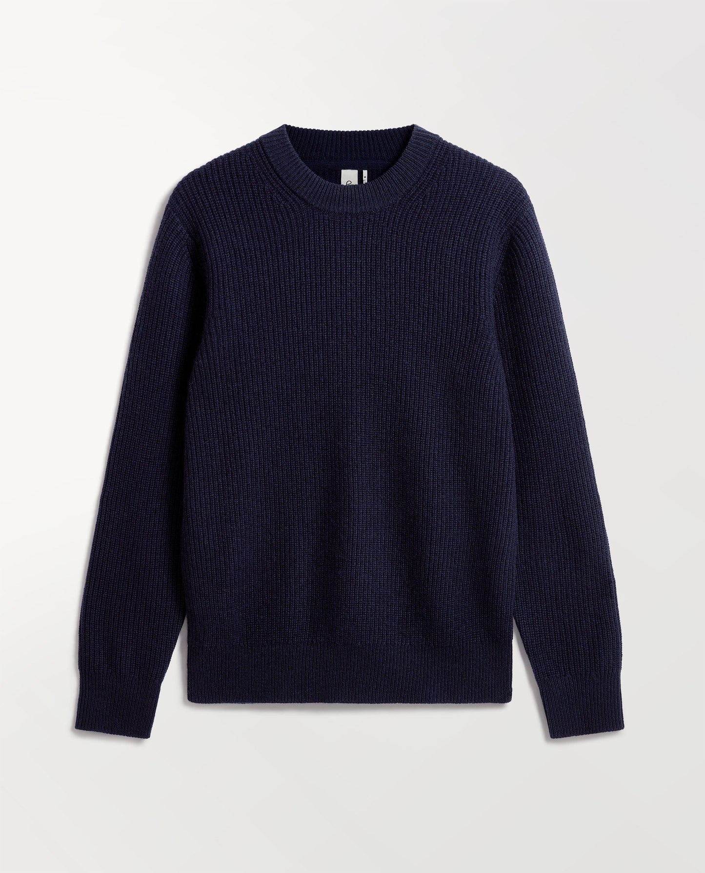 Image 2 of 6 showing Rise & Fall's Men's Cashmere Merino Fishermans Rib Crew Neck Jumper in navy.