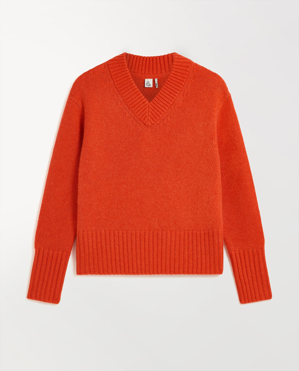 Image 2 of 6 showing Rise & Fall cashmere merino saddle sleeve crew neck jumper, colour: poppy red.