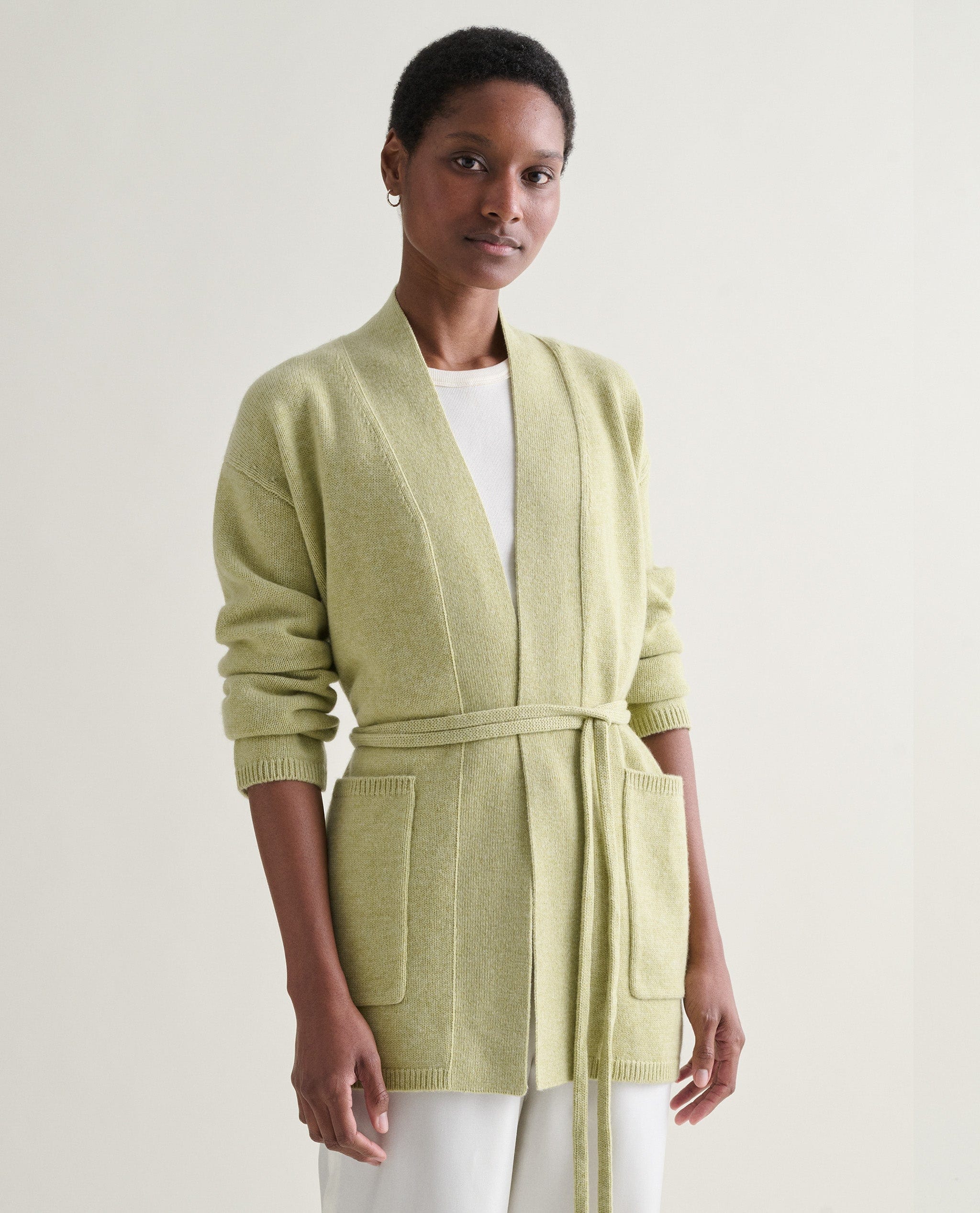 Lichen Green Cashmere Merino Belted Cardigan | Rise & Fall