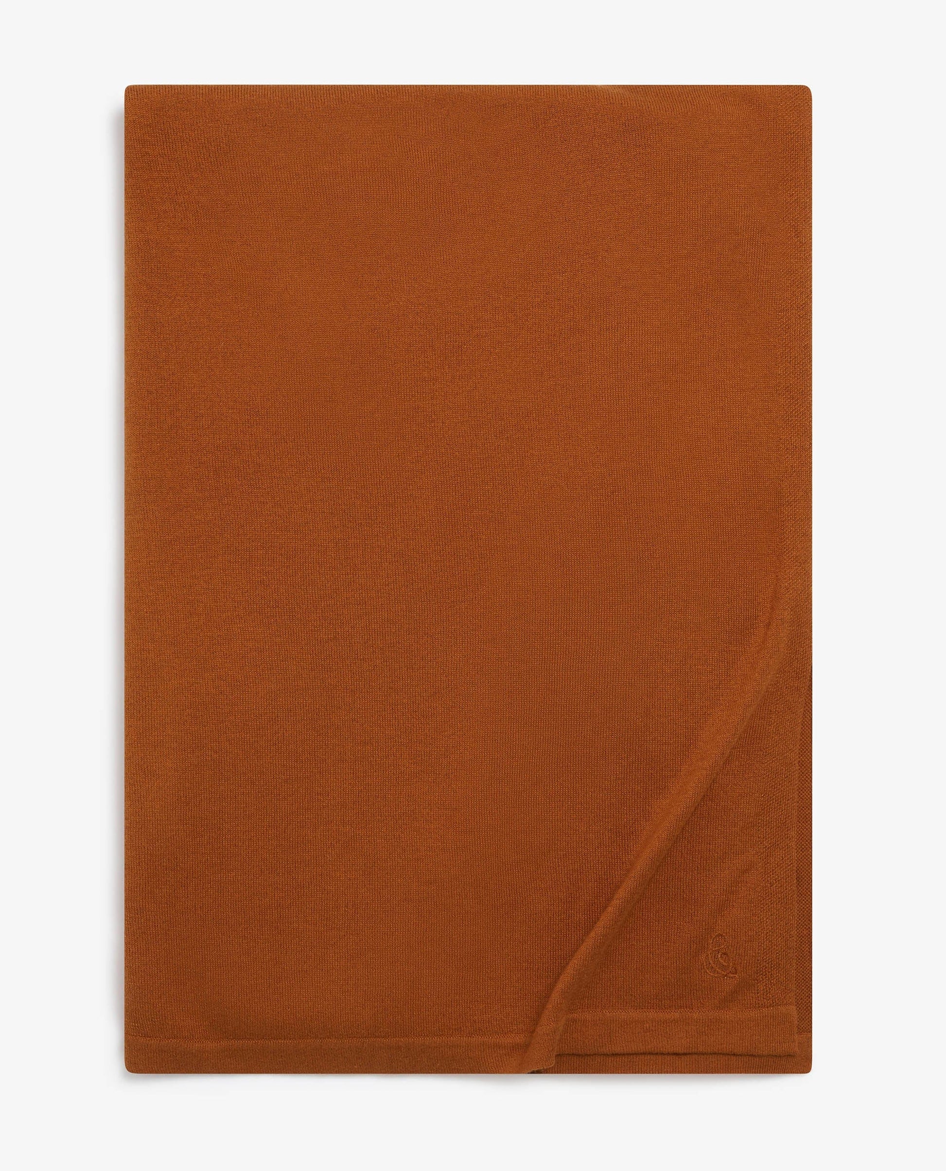 Image 4 of 6 showing Rise & Fall's oversized cashmere scarf in rust.