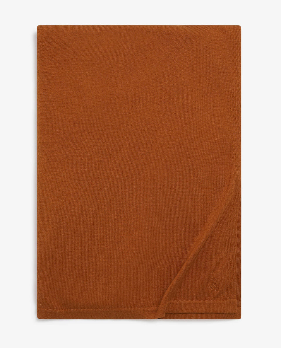 Image 4 of 6 showing Rise & Fall's oversized cashmere scarf in rust.