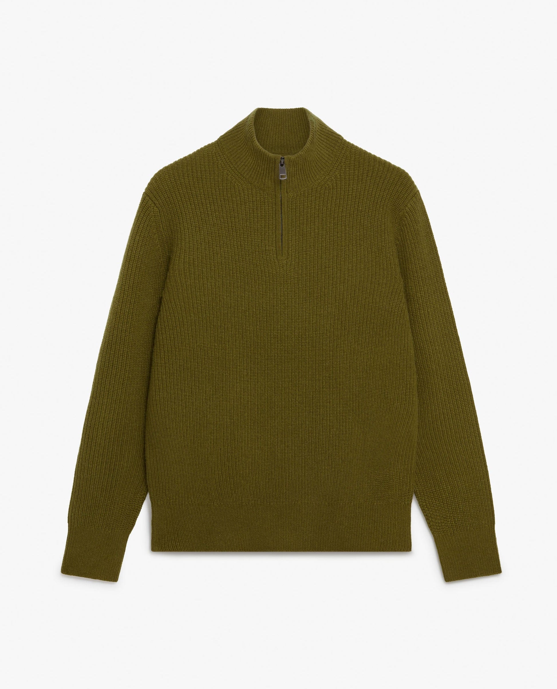 Men's Cashmere Merino Fishermans Rib 1/4 Zip Jumper - Olive