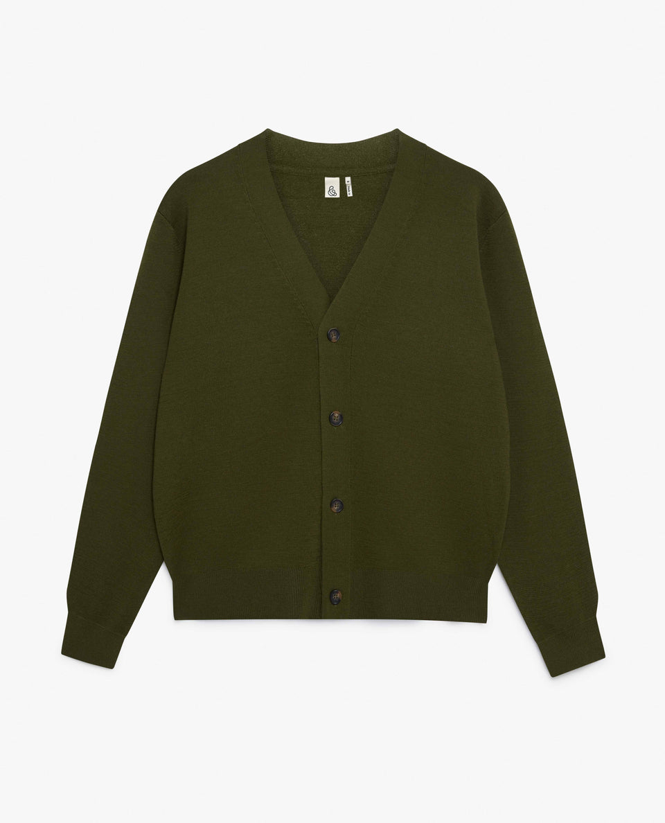 Men's Merino V Neck Cardigan - Olive