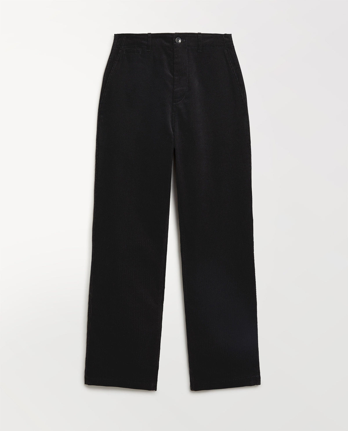 Close up of Rise & Fall's black corduroy trousers.