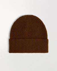 Close up of Rise & Fall's burl brown cashmere merino ribbed beanie