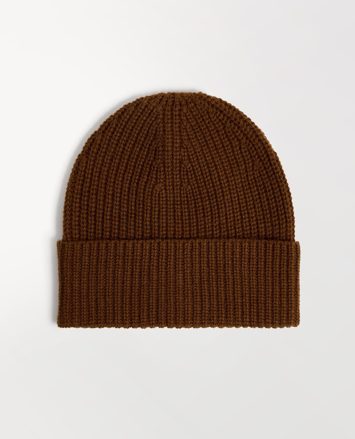 Close up of Rise & Fall's burl brown cashmere merino ribbed beanie