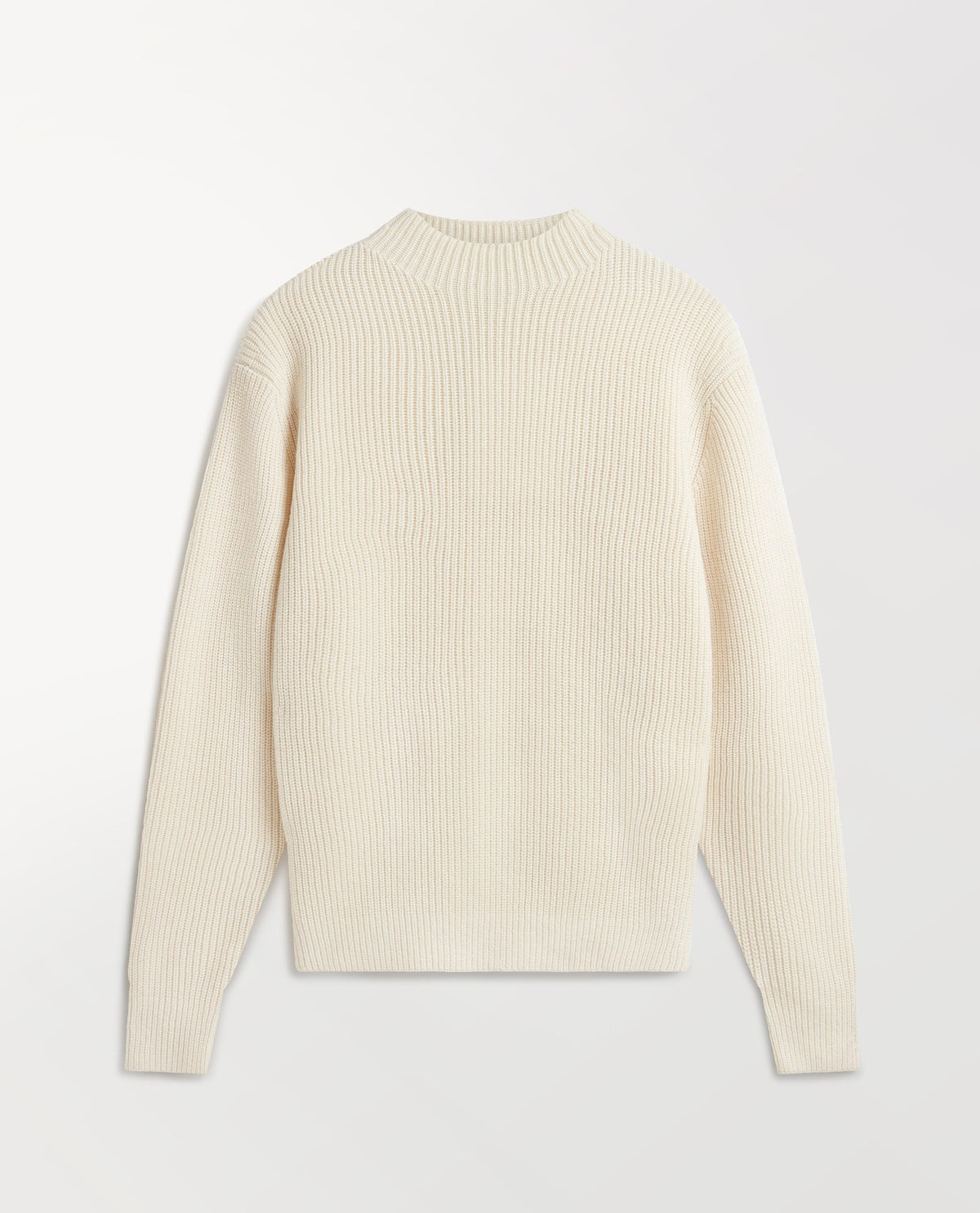 Close up of Rise & Fall's cream cashmere merino stand neck jumper.