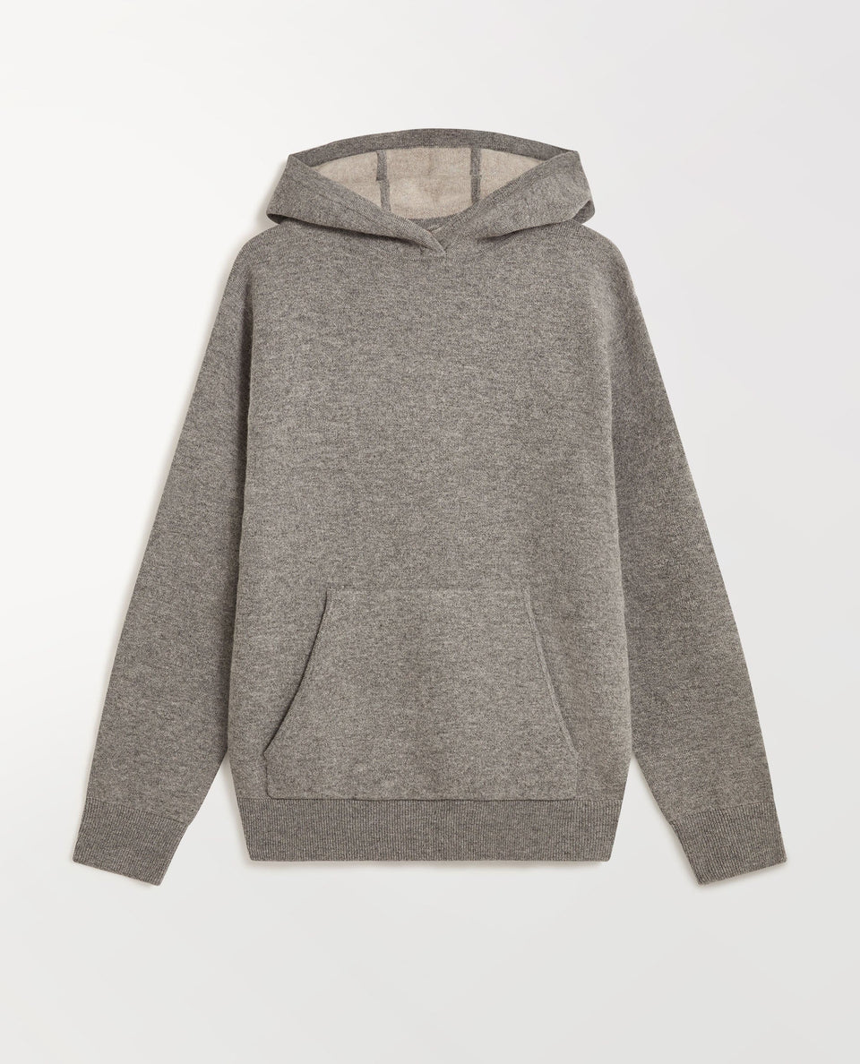 Close up Rise & Fall's grey cashmere merino double-faced hoodie.